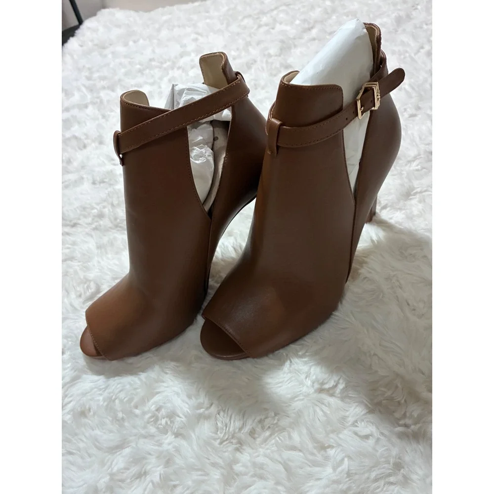 Michael Kors Lawson Open Toe Leather Booties Luggage Brown 9M   NWT $165